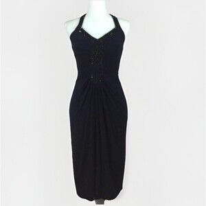 BCBG Max Azria Womens Halter Ruched Embellished Dress Large Blue Black Y2K Hoco
